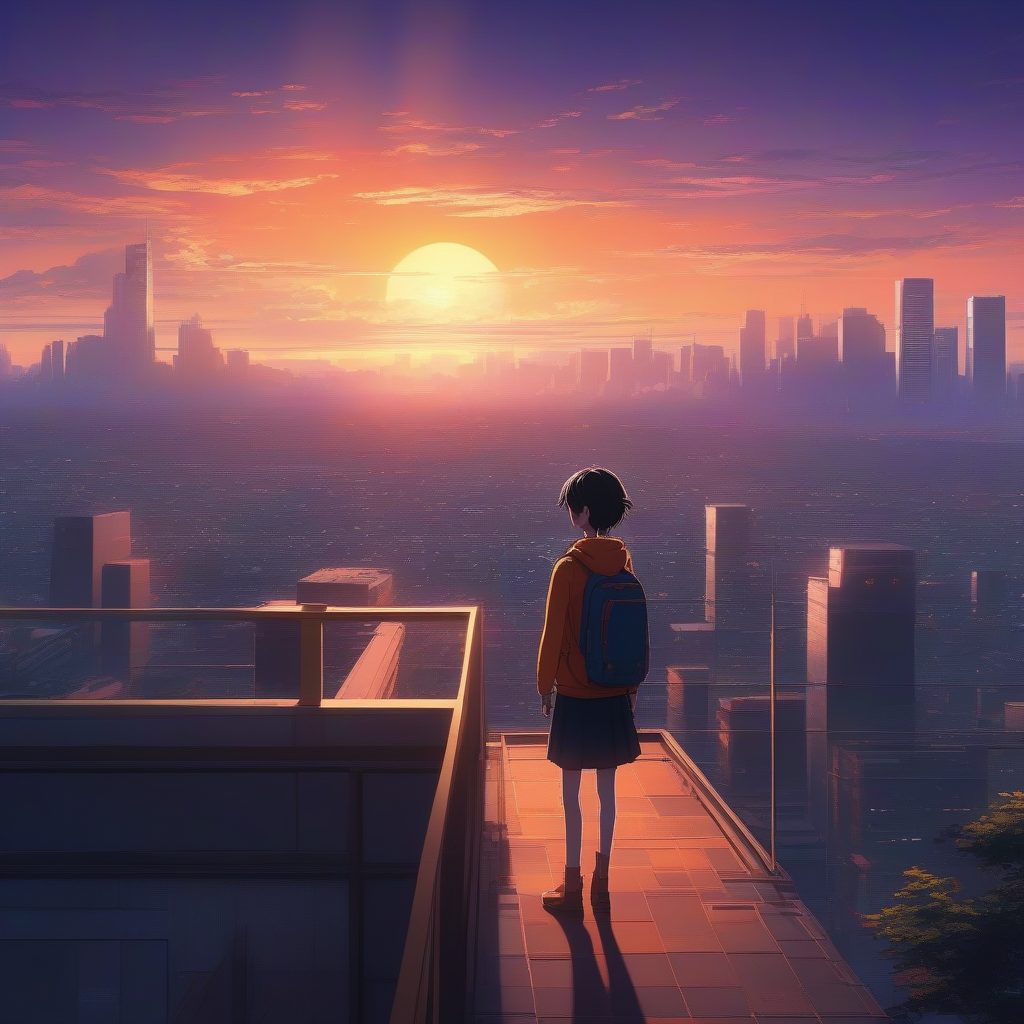 新海诚治愈系：绝美城市天际线下的动漫女孩黄昏侧写AI提示词
