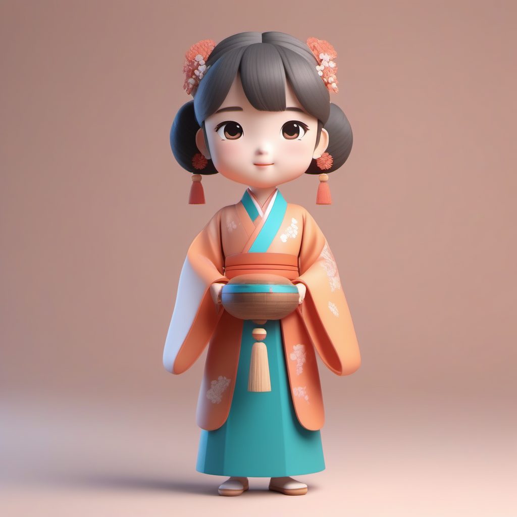 新中式改良汉服小女孩：Q版3D手办生成，超简单纯色背景提示词