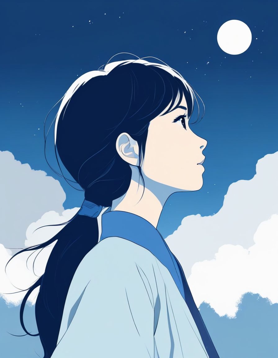 🌙星空下的侧影！唯美极简线稿插画，深蓝低饱和治愈壁纸