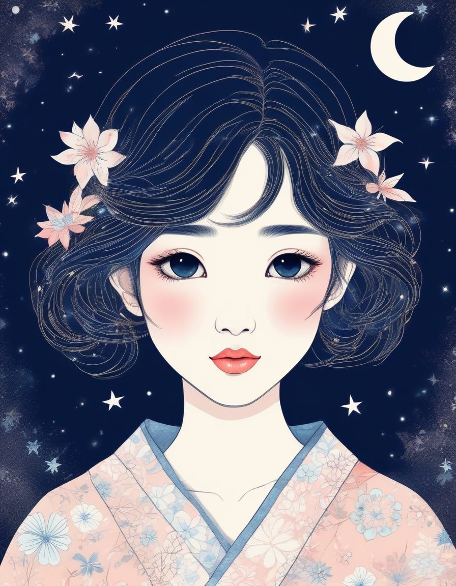 星空元素装饰：梦幻系日系少女线稿肖像纯色背景创作