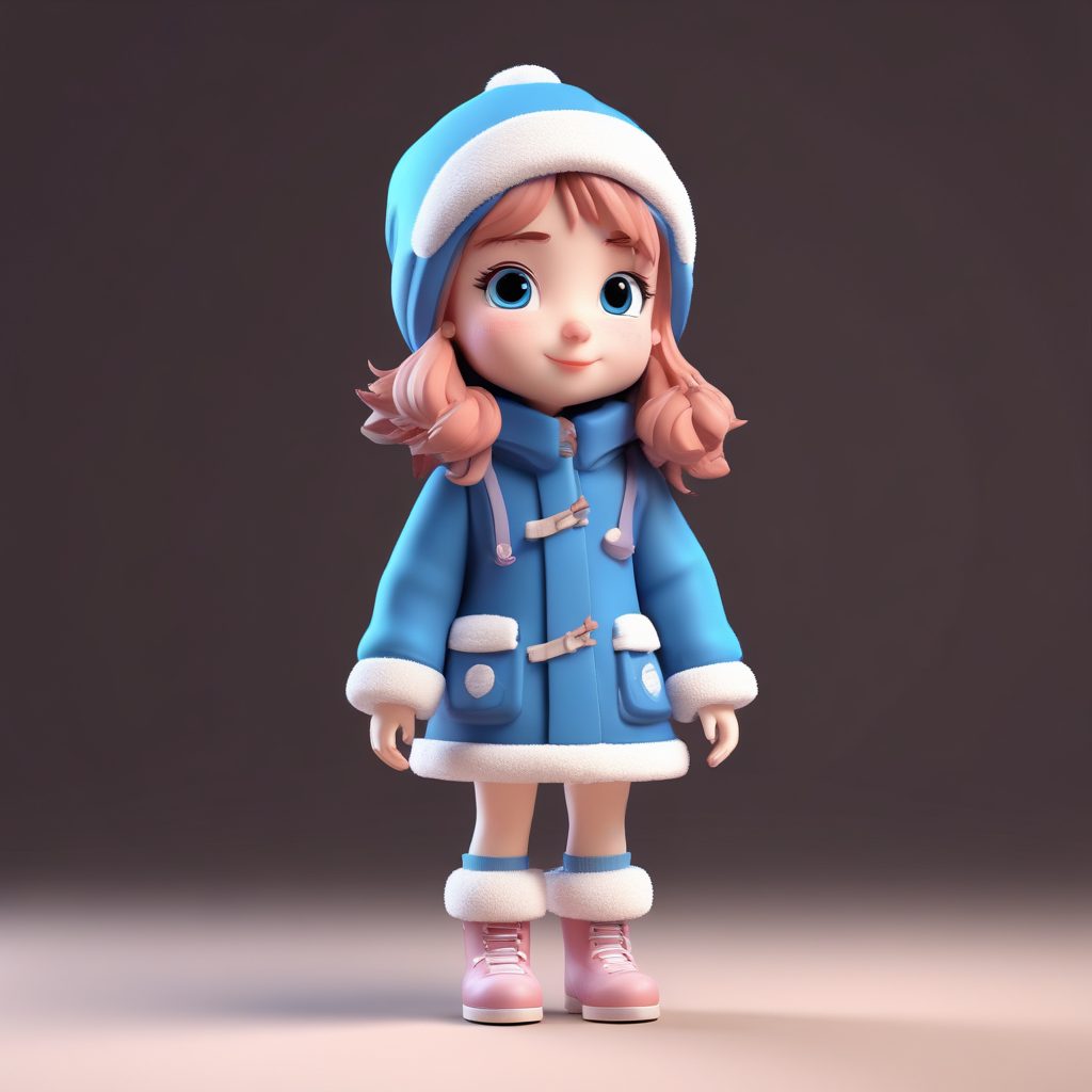 雪地漫步:穿着厚底靴的Q版女孩,回头微笑提示词