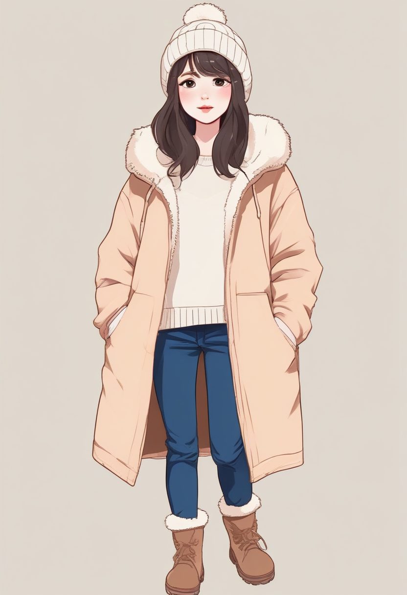 💫雪地靴穿搭!可爱元气韩系少女极简插画,全身照纯色背景手机壁纸