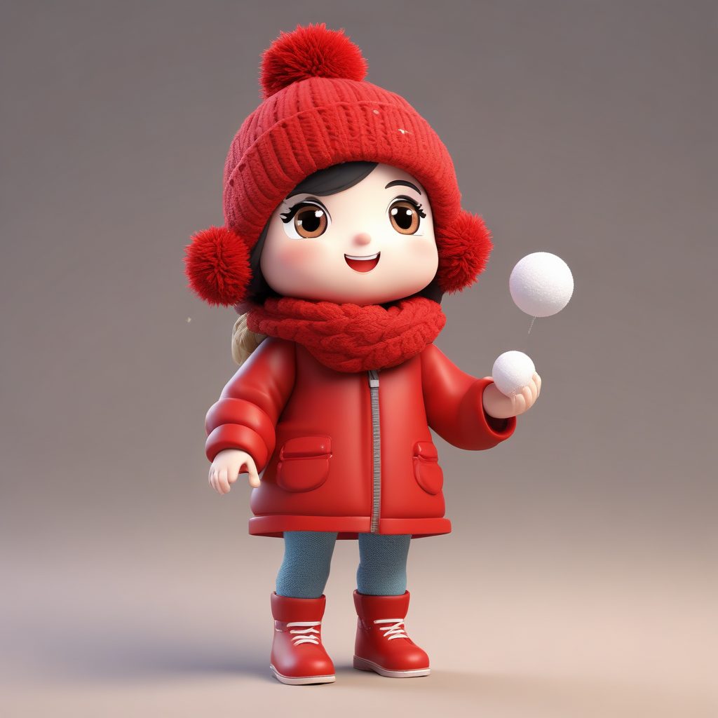 雪球大战预备！红色针织帽Q版女孩的调皮表情C4D渲染
