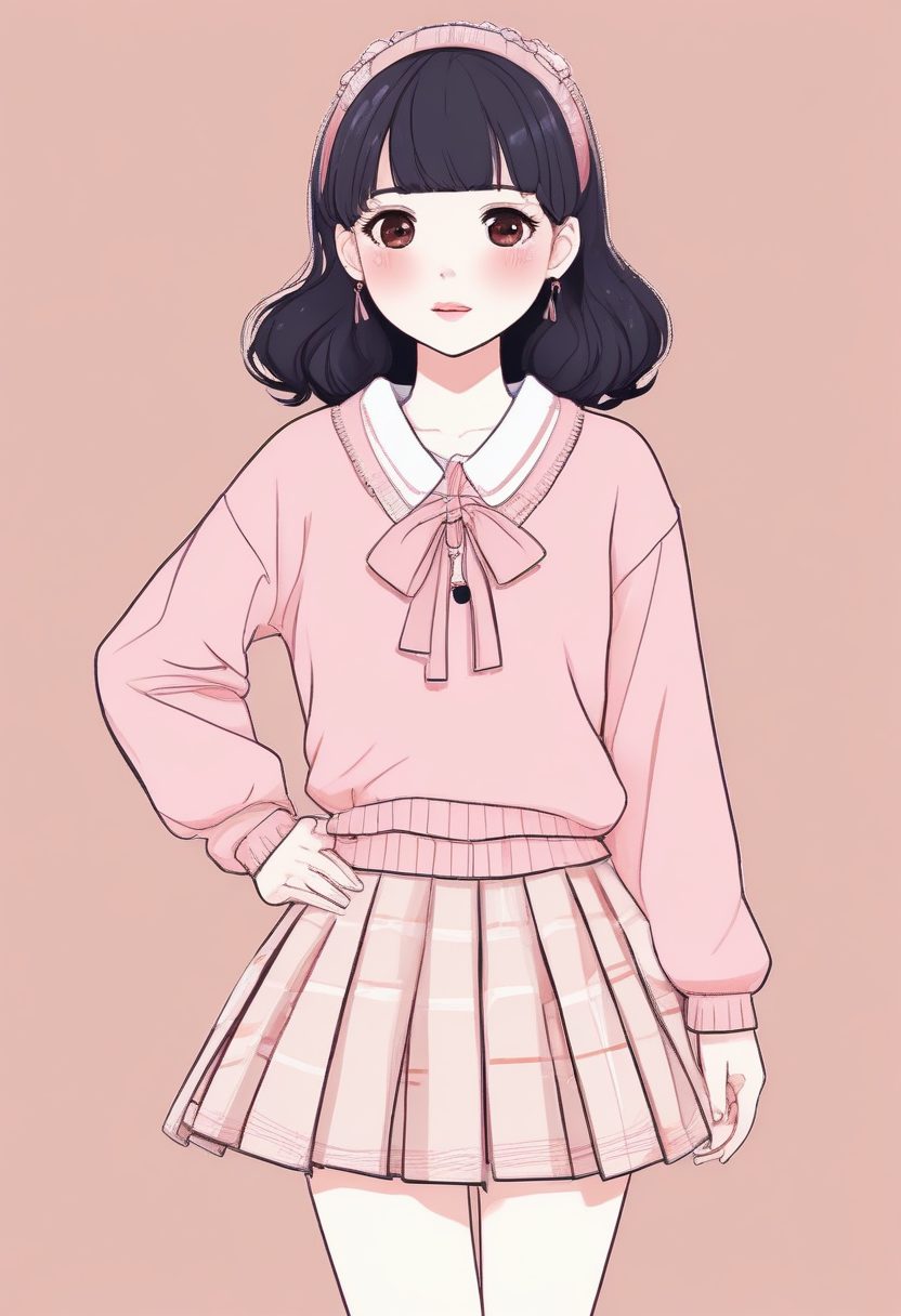 🎉学生党必备！学院风菱格毛衣极简插画，韩系少女全身照，纯色背景