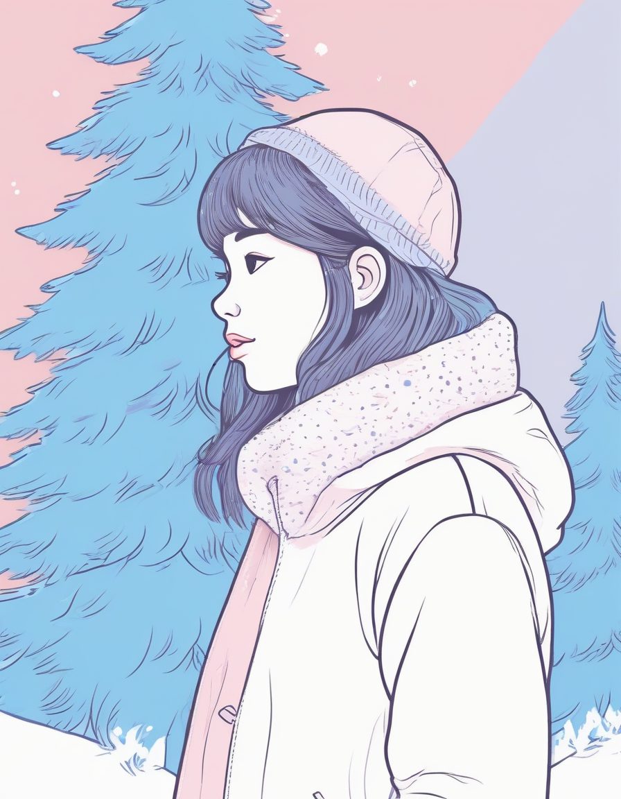 🌲雪松下的约定！治愈系极简线稿插画，日系少女唯美侧颜