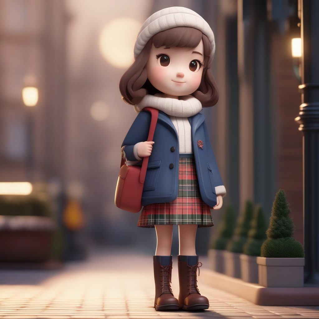 学院风冬季穿搭:Q版苏格兰格纹裙女孩3D渲染全身像AI提示词(粘土手办)