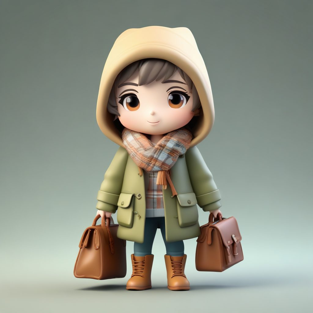 学院风牛角扣大衣Q版:3D粘土材质全身站立图