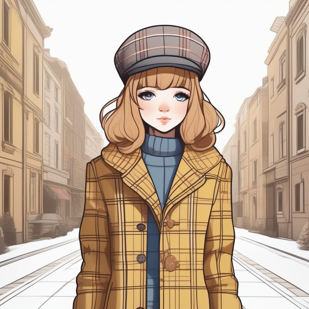 学院复古风穿搭:格纹大衣Q版人物插画AI提示词,纯色背景全身站立