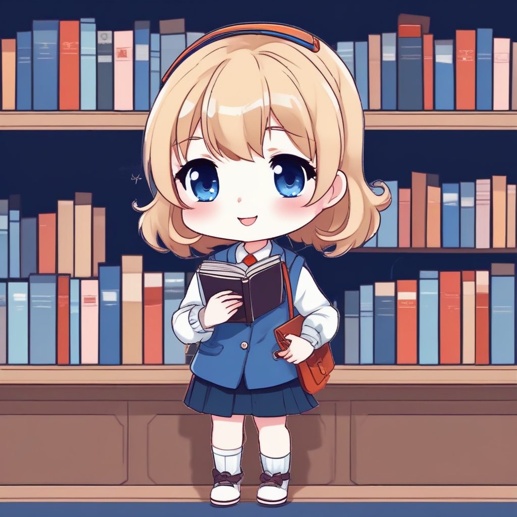 🎓学院派Prep风Chibi少女：高雅蓝背景，书卷气全身像分享