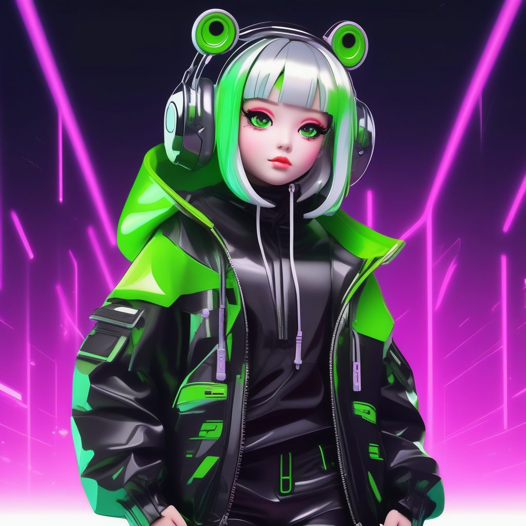 Y2K潮流Q版赛博女孩:全身像、金属光泽与极简纯色背景设置