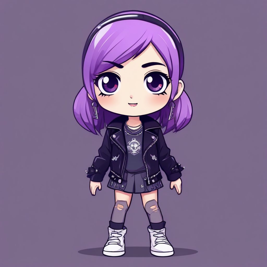 🎸摇滚乐迷Chibi：皮夹克和铆钉Q版全身像，纯深紫背景