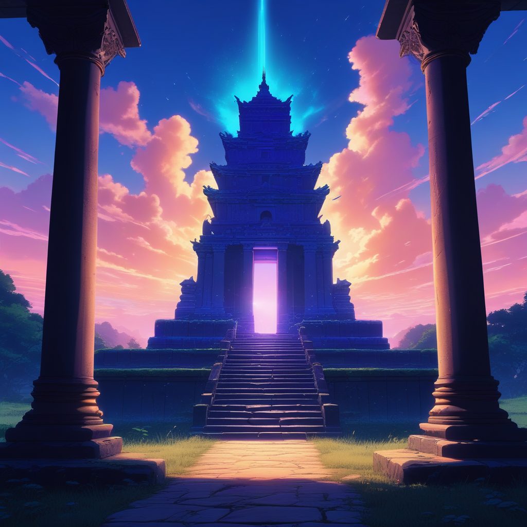 🛸异次元入口！高饱和度动漫风，神秘光柱与废弃神庙，视觉冲击力强！