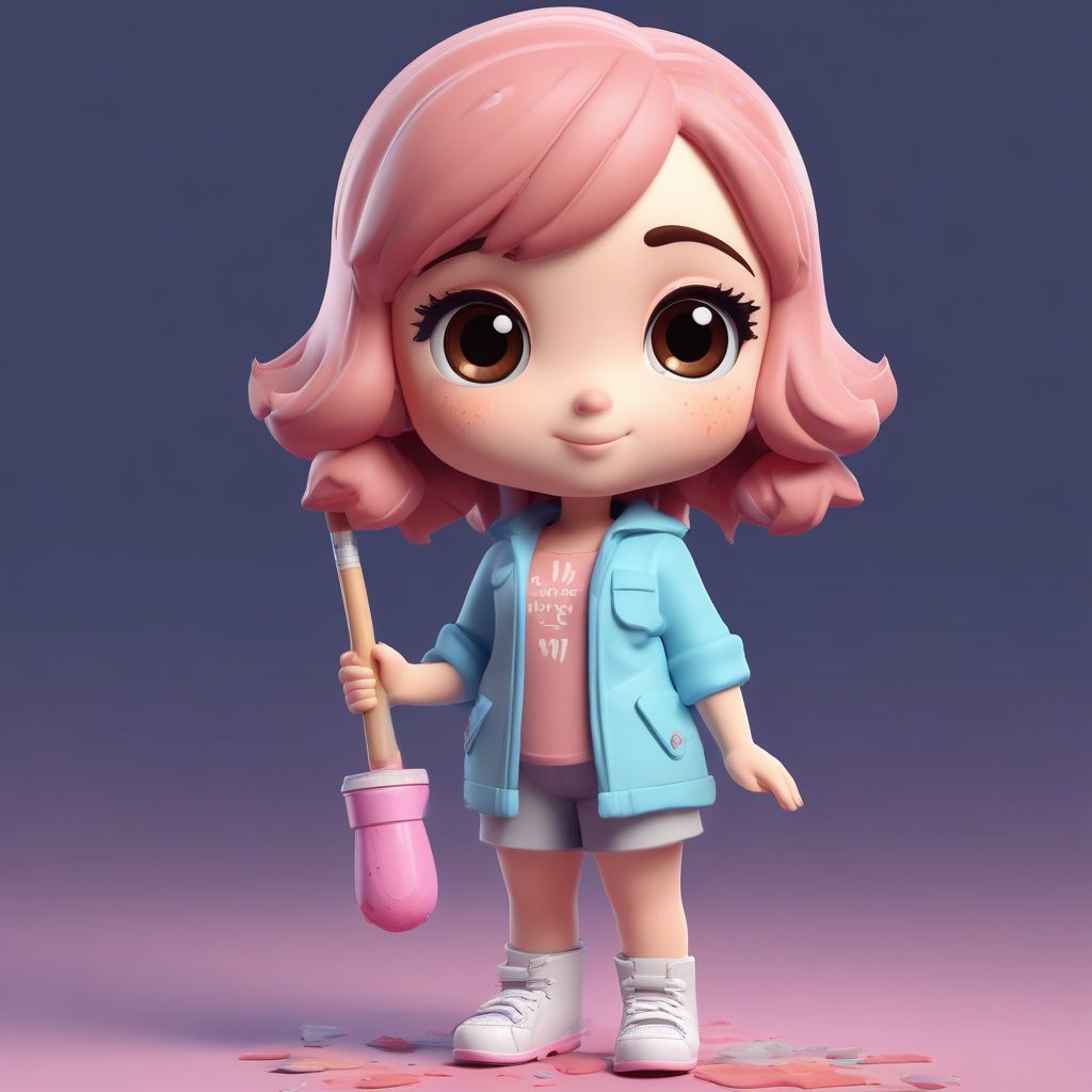 艺术家Q版形象:拿着画笔,专注绘画的可爱站姿(高细节8K)