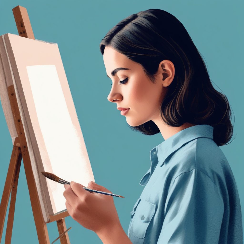 艺术灵感：AI绘制手拿画笔沉思的粉蓝系创意少女