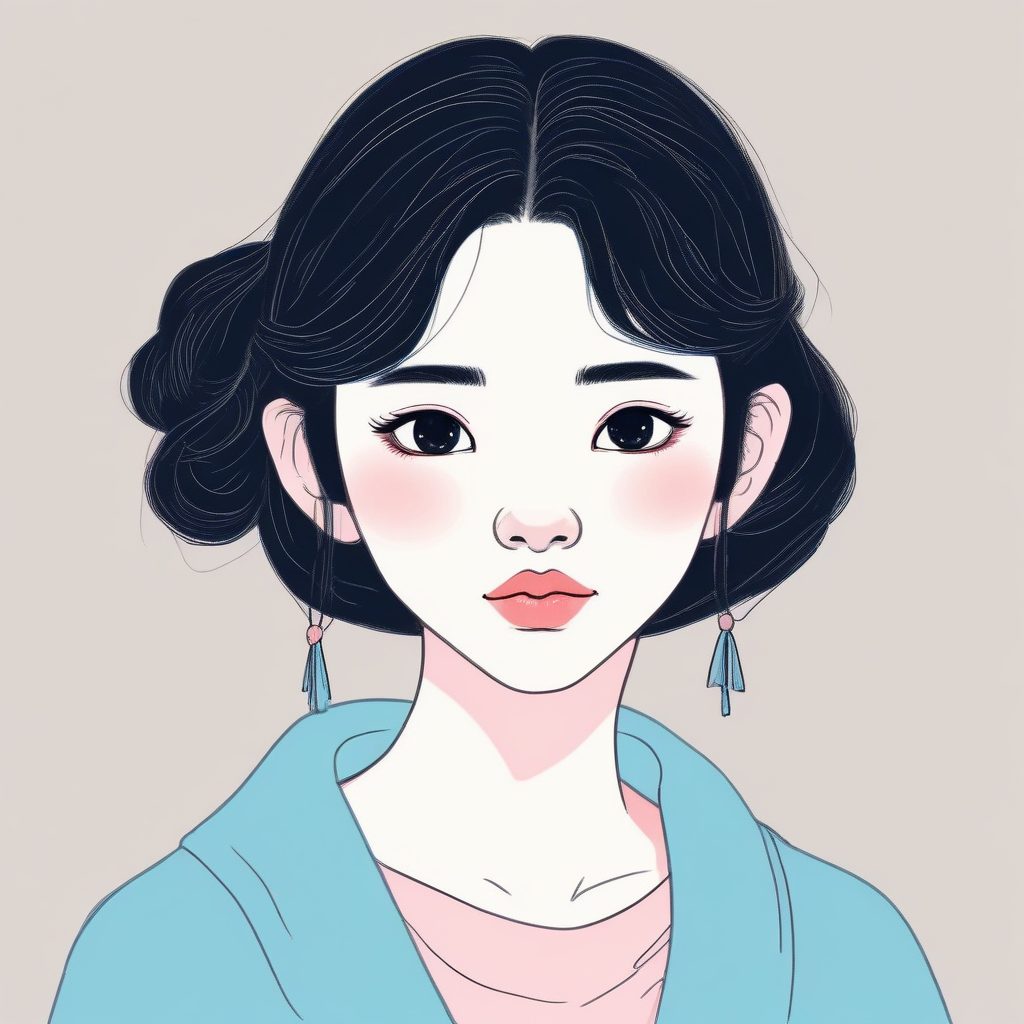 异想天开插画！蜡笔笔触少女头像，高级灰粉蓝配色，纯色背景