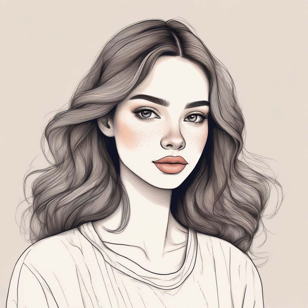 异想天开童话感：极简少女纯色背景肖像，极致柔美线稿插画