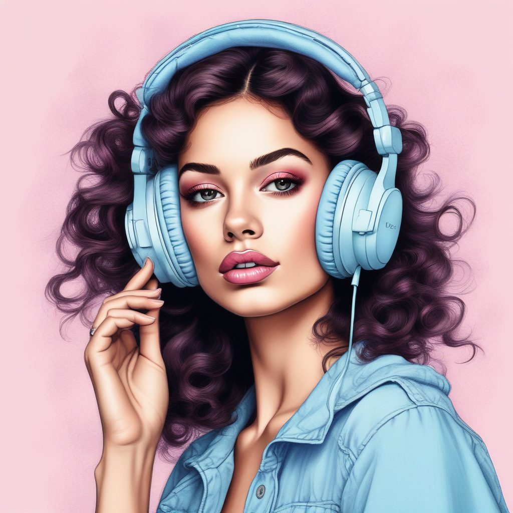 音乐潮流:AI绘制戴复古耳机的粉蓝系时尚女孩特写