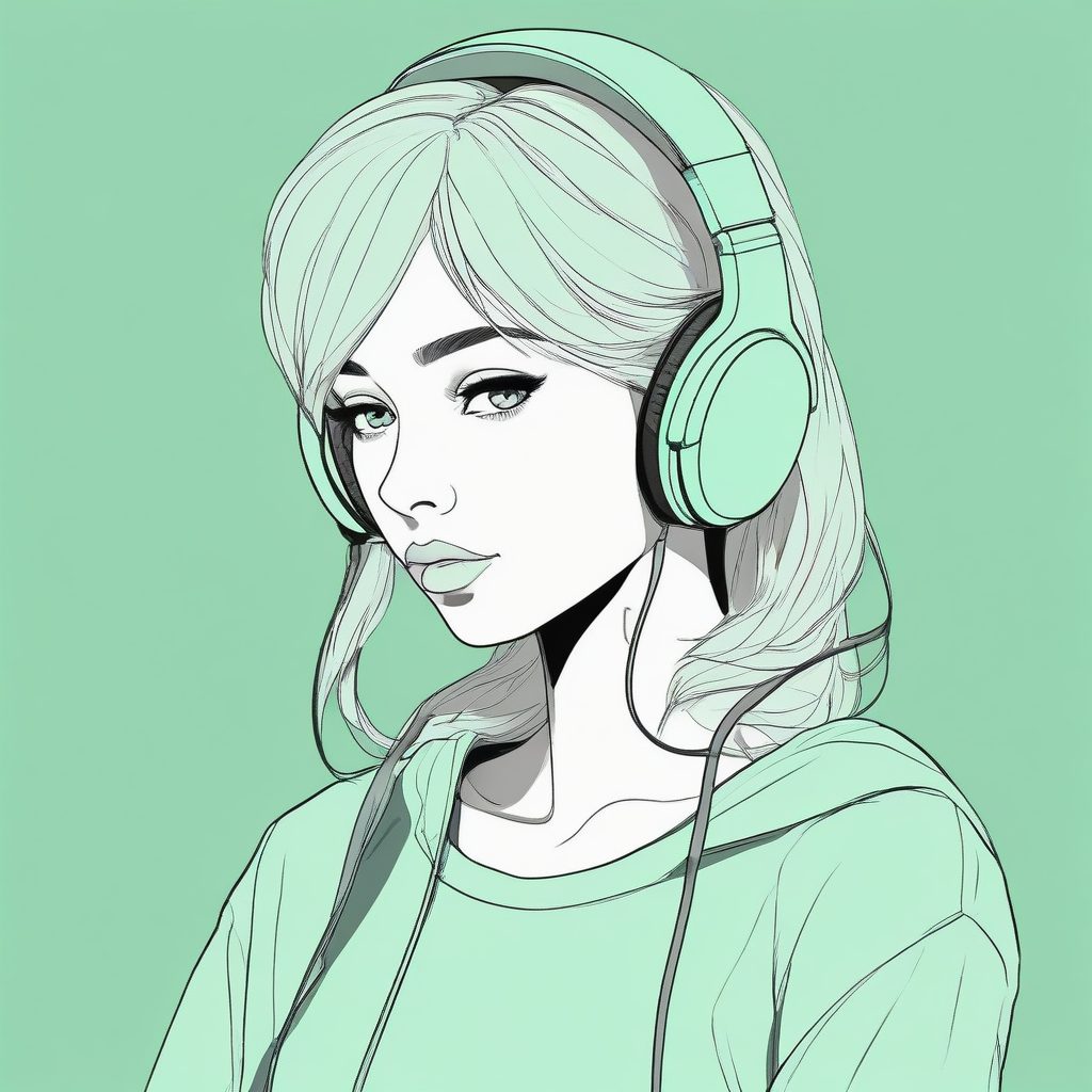 🎧 音乐少女极简线条插画！AI生成时尚肖像，纯色背景突出C位！