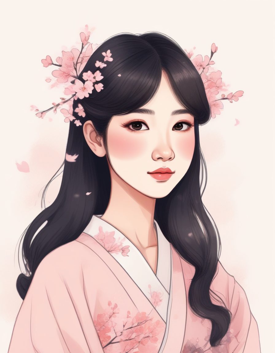 樱花季元气少女:AI绘画粉彩色调线稿肖像与纯色背景