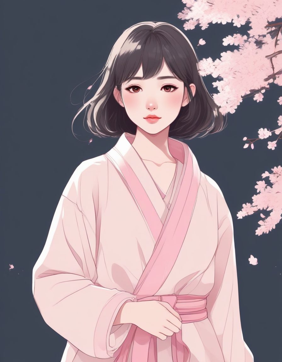 🌸樱花树下的日系少女！春天限定极简插画，淡粉马卡龙配色壁纸