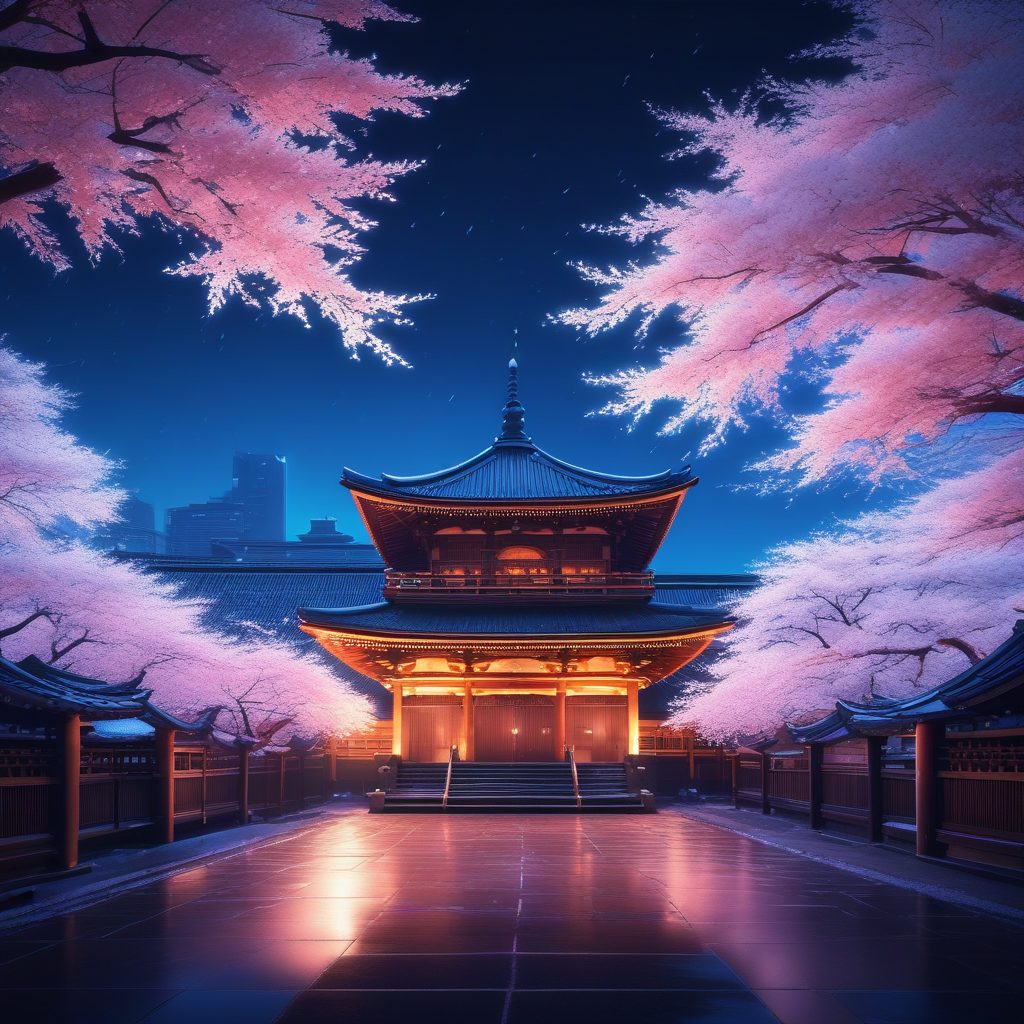 樱花雪覆盖的古老寺庙夜景：极致梦幻AI绘画提示词大全