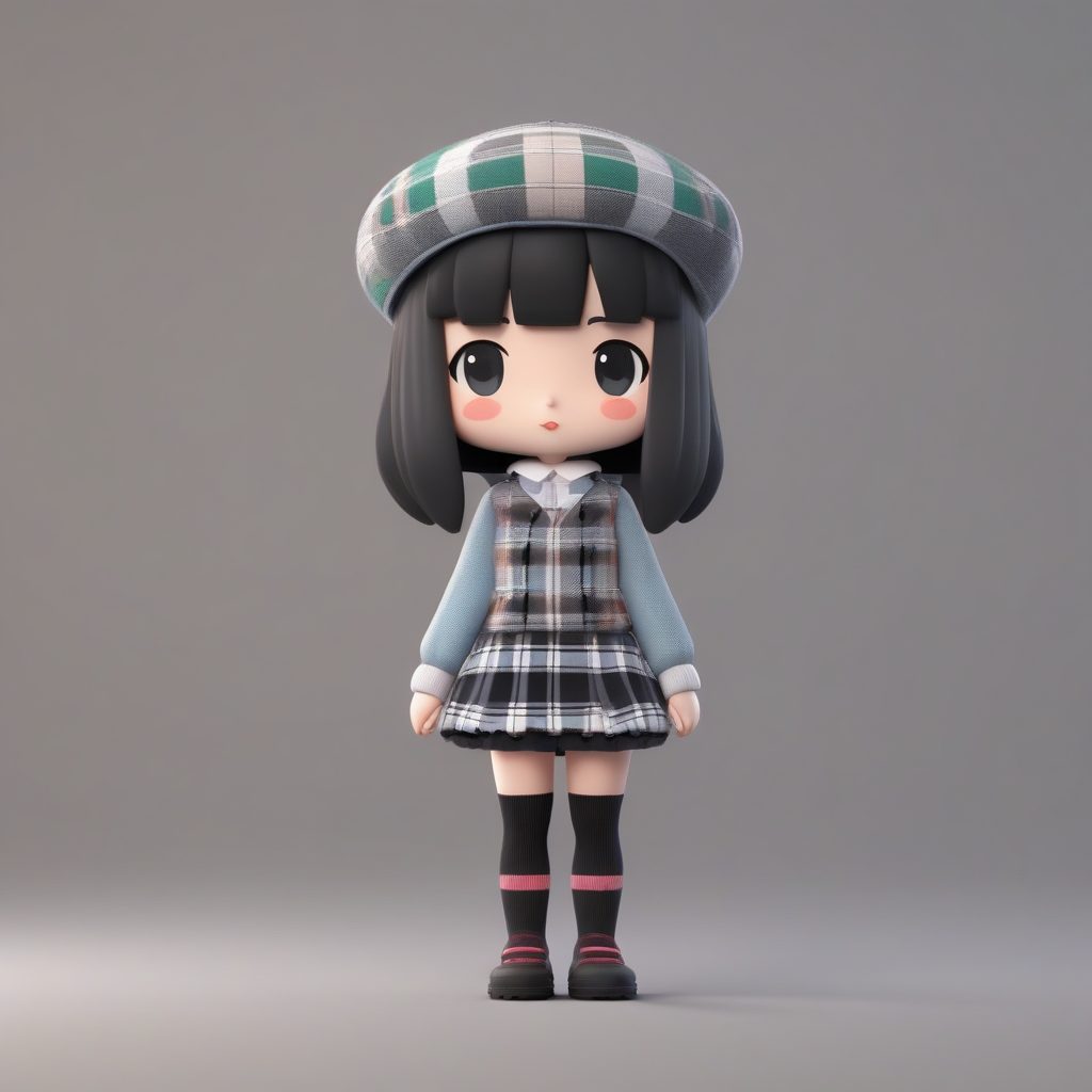 英伦复古格子裙:Q版盲盒女孩冬日贝雷帽穿搭3D渲染教程