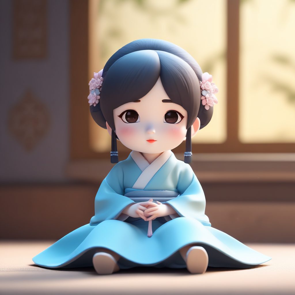 慵懒放松！Q版汉服女孩席地而坐，超萌伸懒腰姿势，C4D黏土风