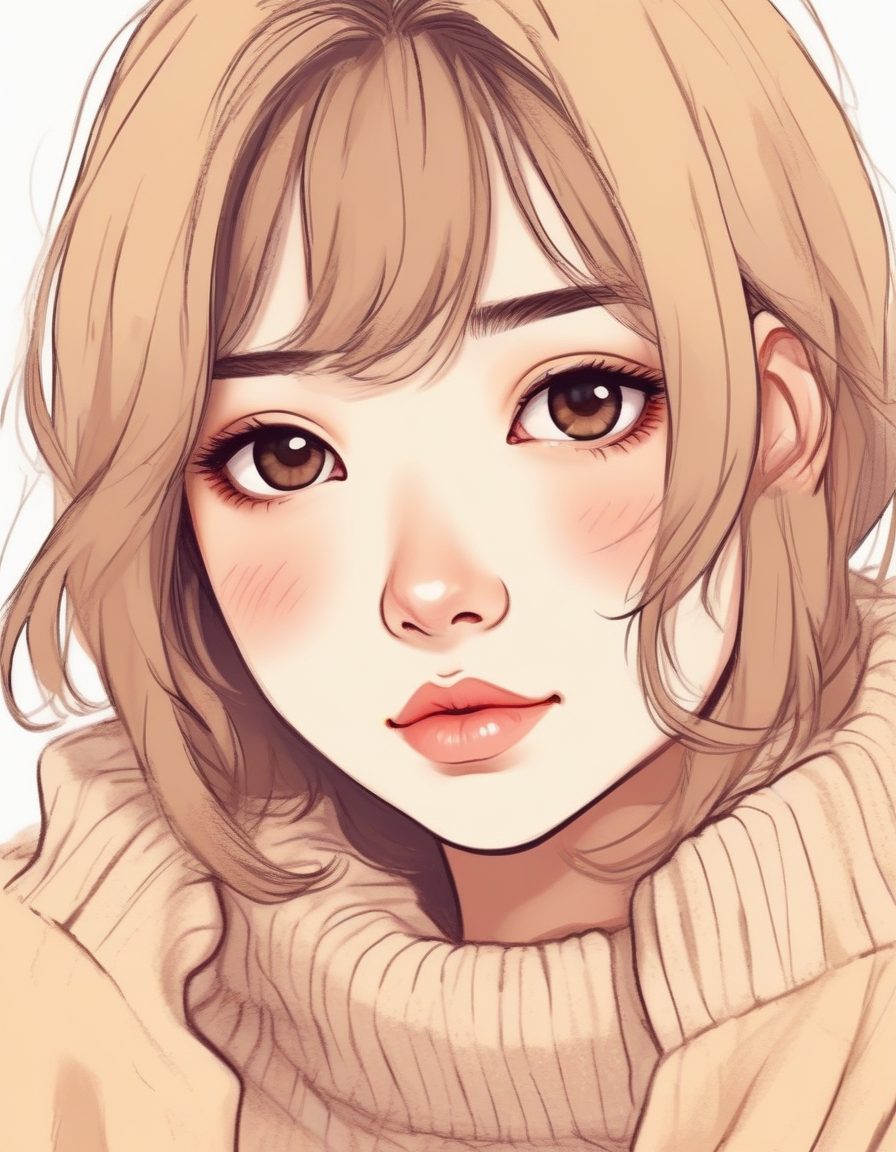 慵懒风大毛衣:冬季治愈系线稿插画纯色背景高级感