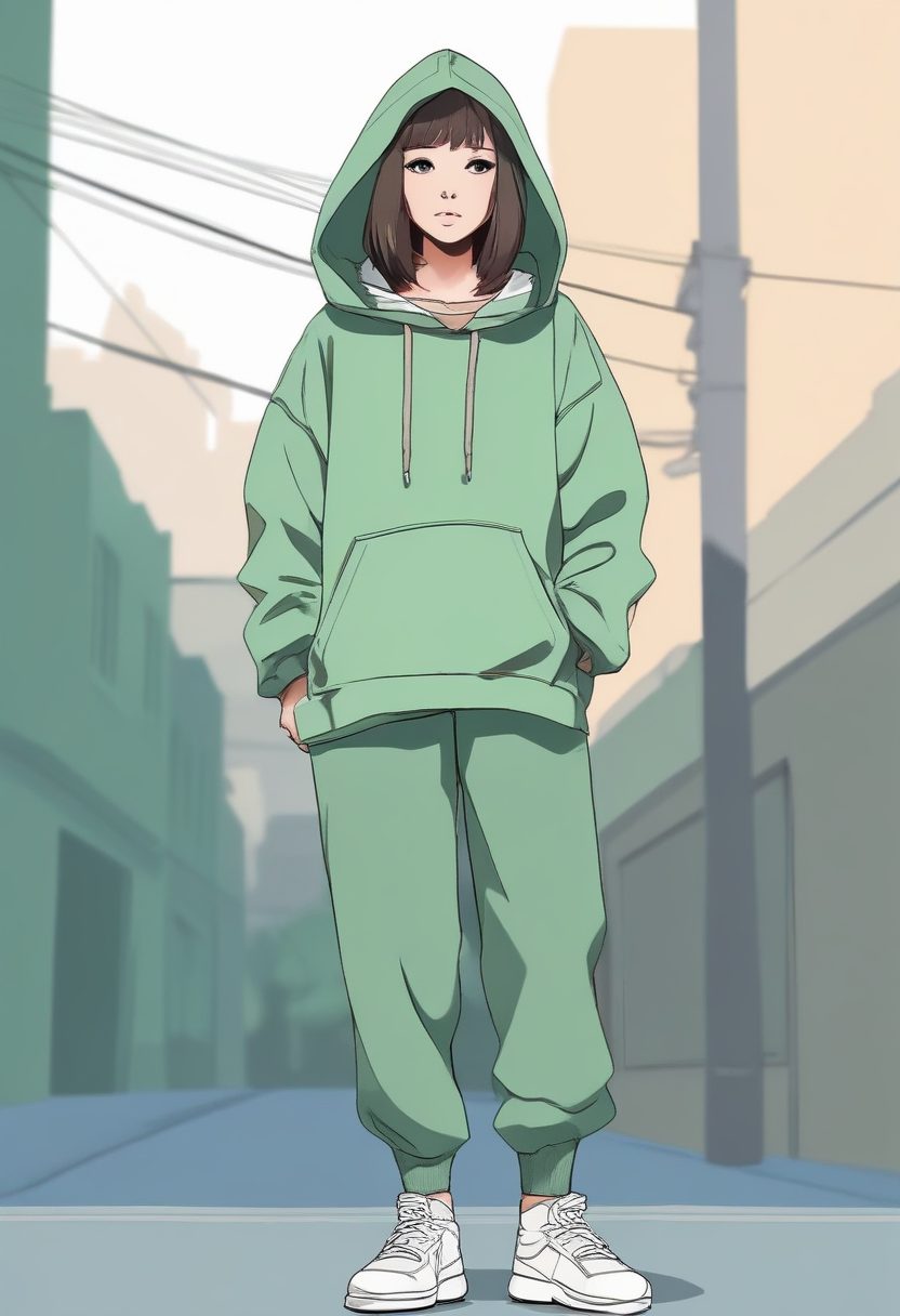 🦊 慵懒风：oversize卫衣少女极简线稿，冬日全身照，超干净纯色背景。