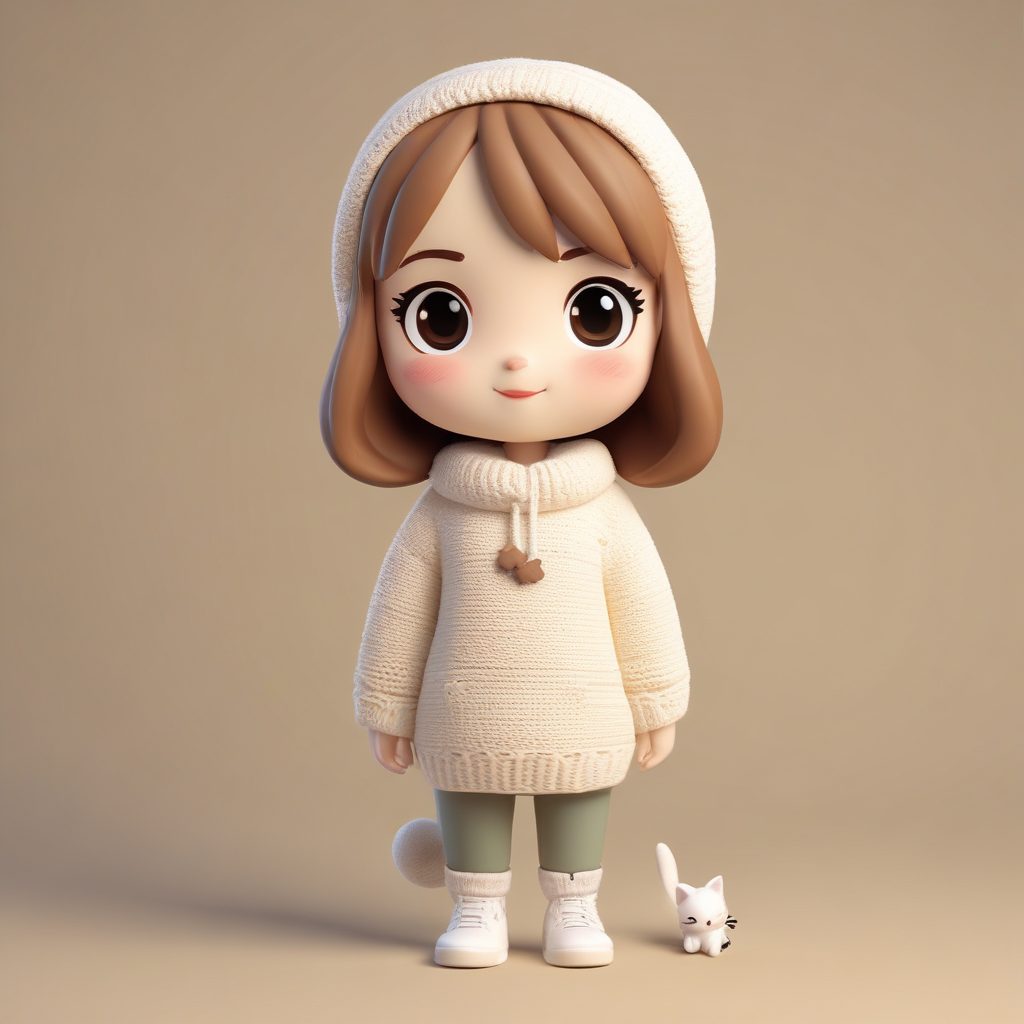 慵懒宅家风Q版:抱猫女孩与针织毛衣的治愈系AI插画