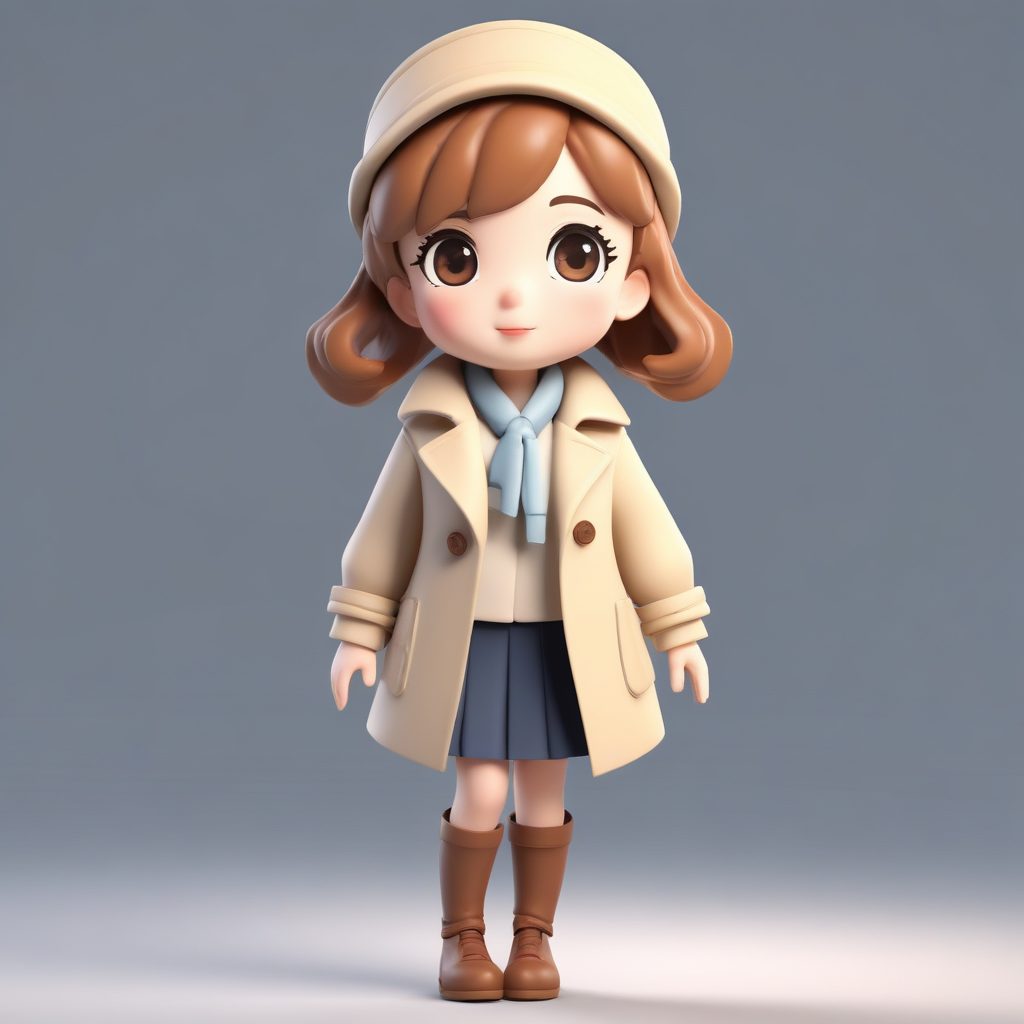 优雅的焦点：调整围巾的Q版风衣少女3D全身渲染