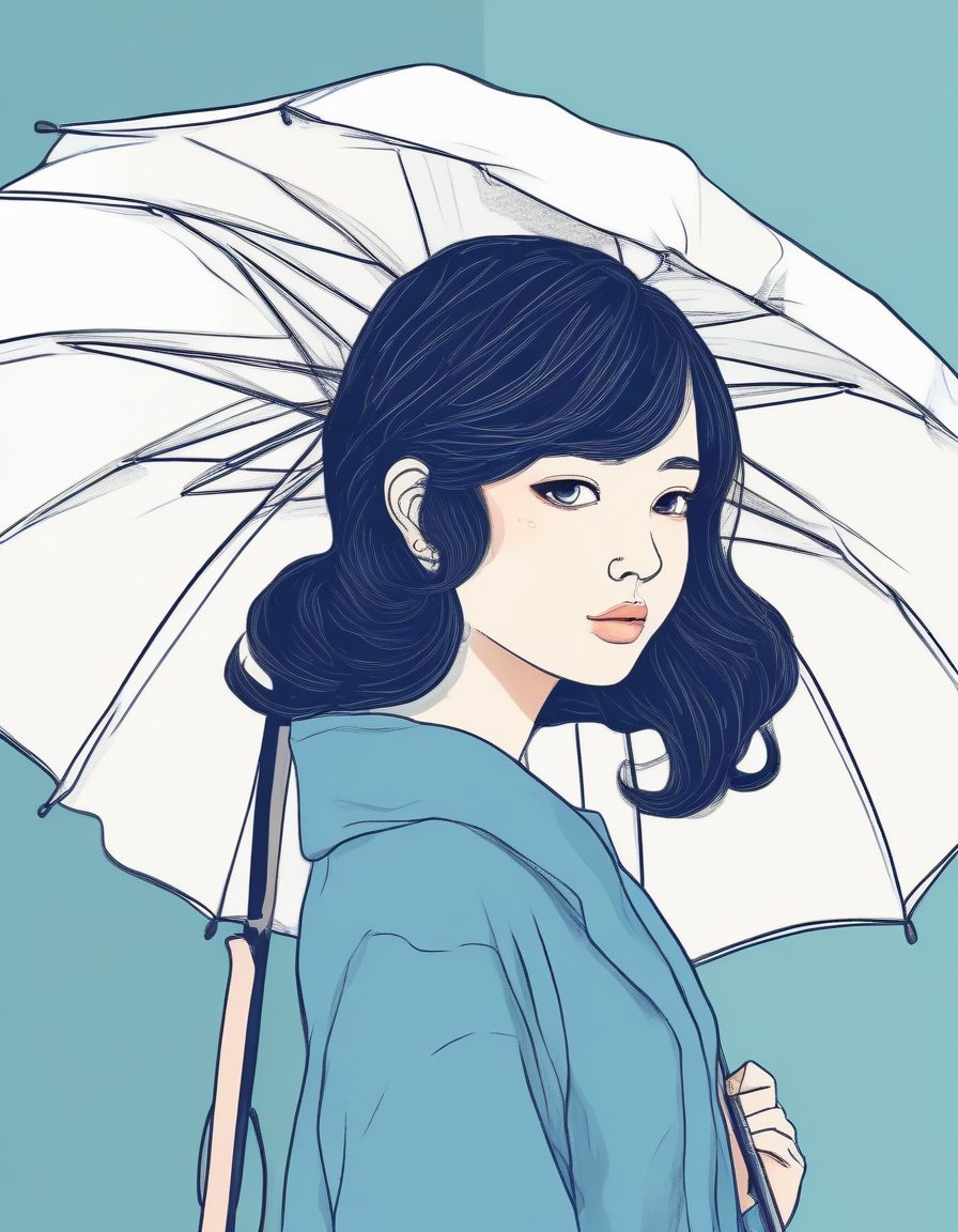 雨季透明雨伞：情绪氛围感日系线稿侧颜肖像AI生成