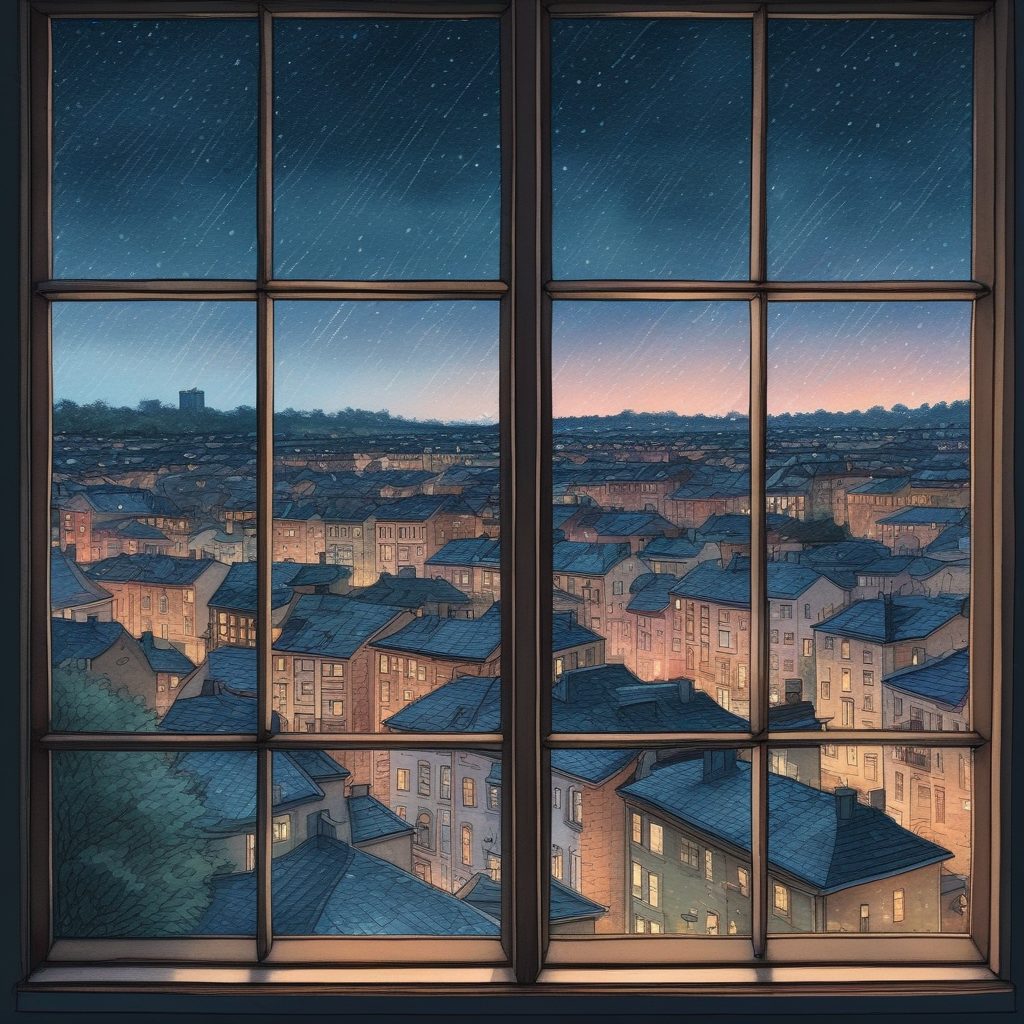雨天氛围感！窗边城市夜景，彩铅质感的温暖治愈插画