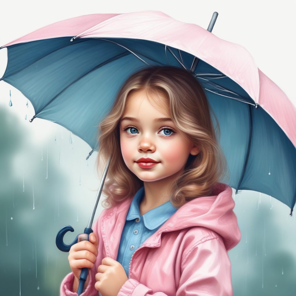 雨天治愈:AI绘制透明雨伞下的粉蓝系软萌女孩插画