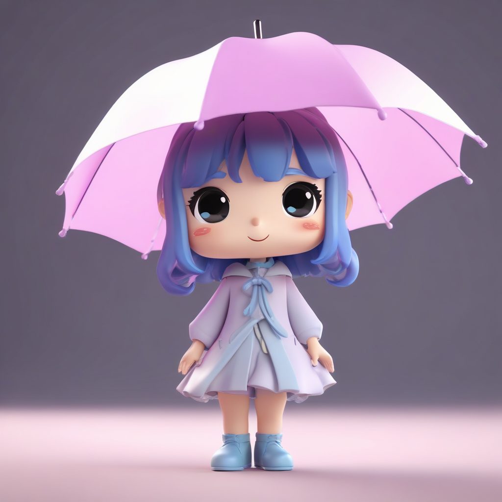 雨中漫步Q版插画: 撑伞侧身回眸的'顽皮'表情AI生成