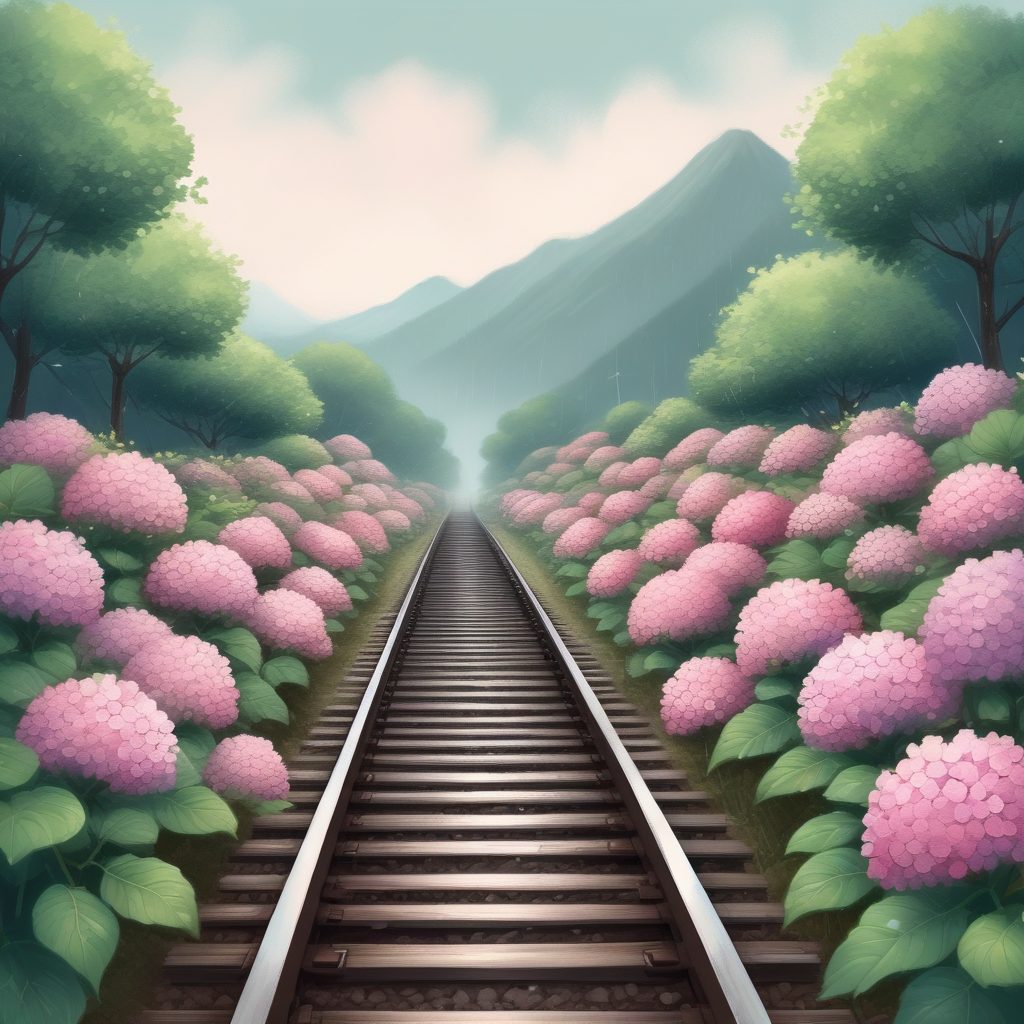 ☔️雨中美景：日式电车轨道旁的绣球花，暖色调手绘插画！