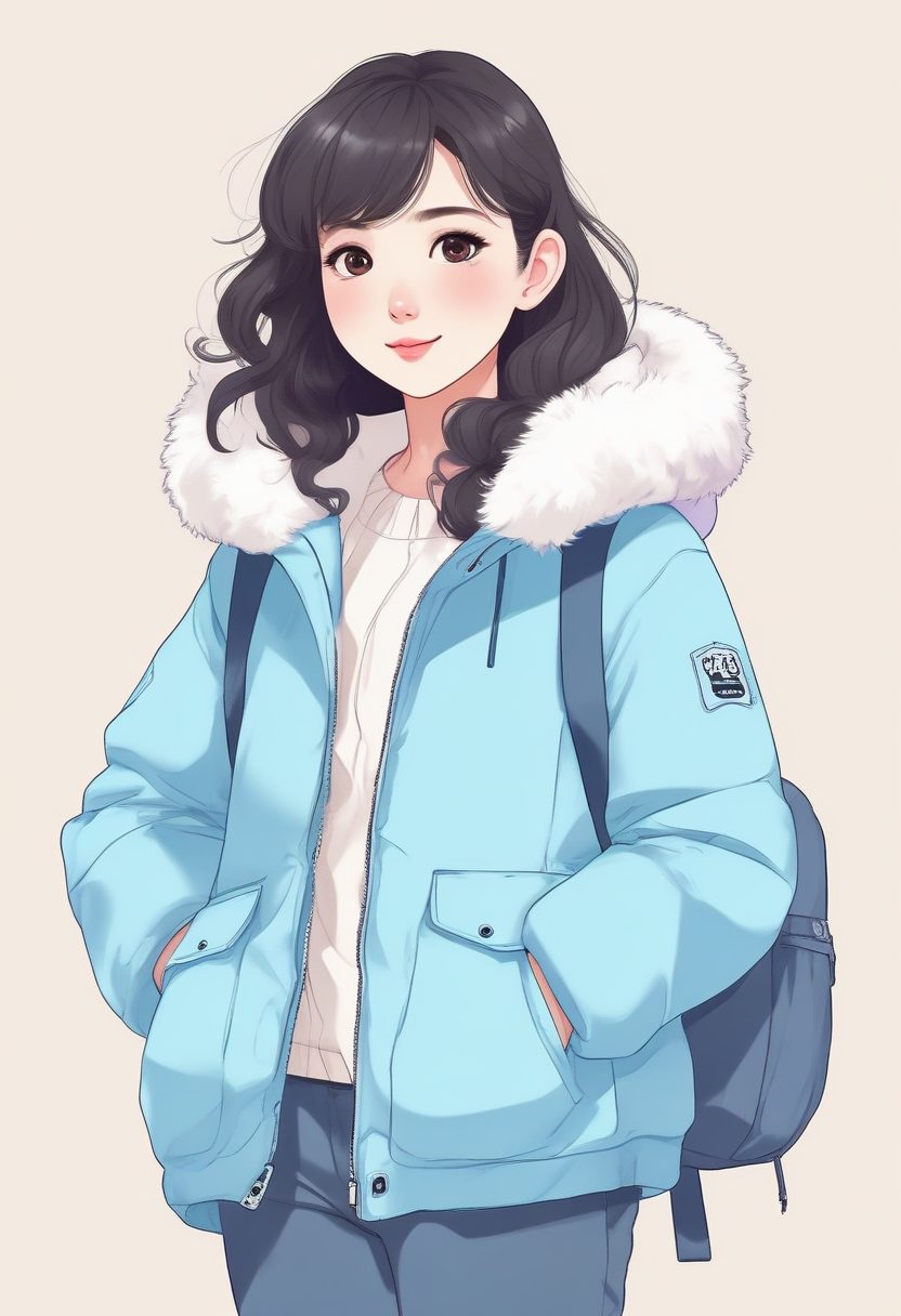 🎒元气出行！双肩包韩系少女极简线稿插画，全身照纯色背景壁纸