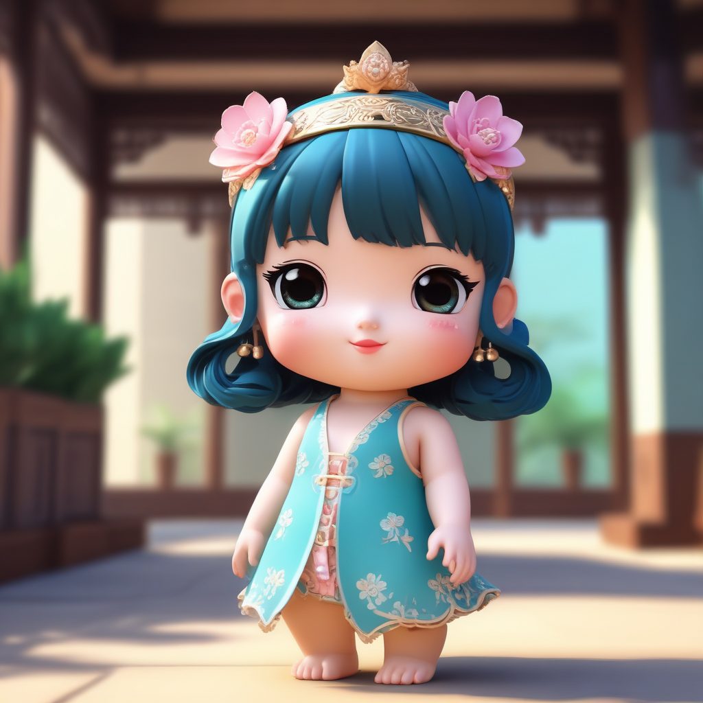 🍍元气夏日！国风时尚泳装Q版女孩，Tiffany蓝纯色背景，清爽素材