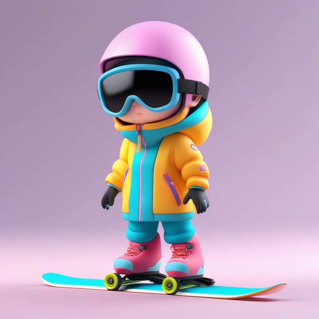 运动潮流：Q版滑雪服穿搭，动态姿势与8K高细节纯色背景提示词