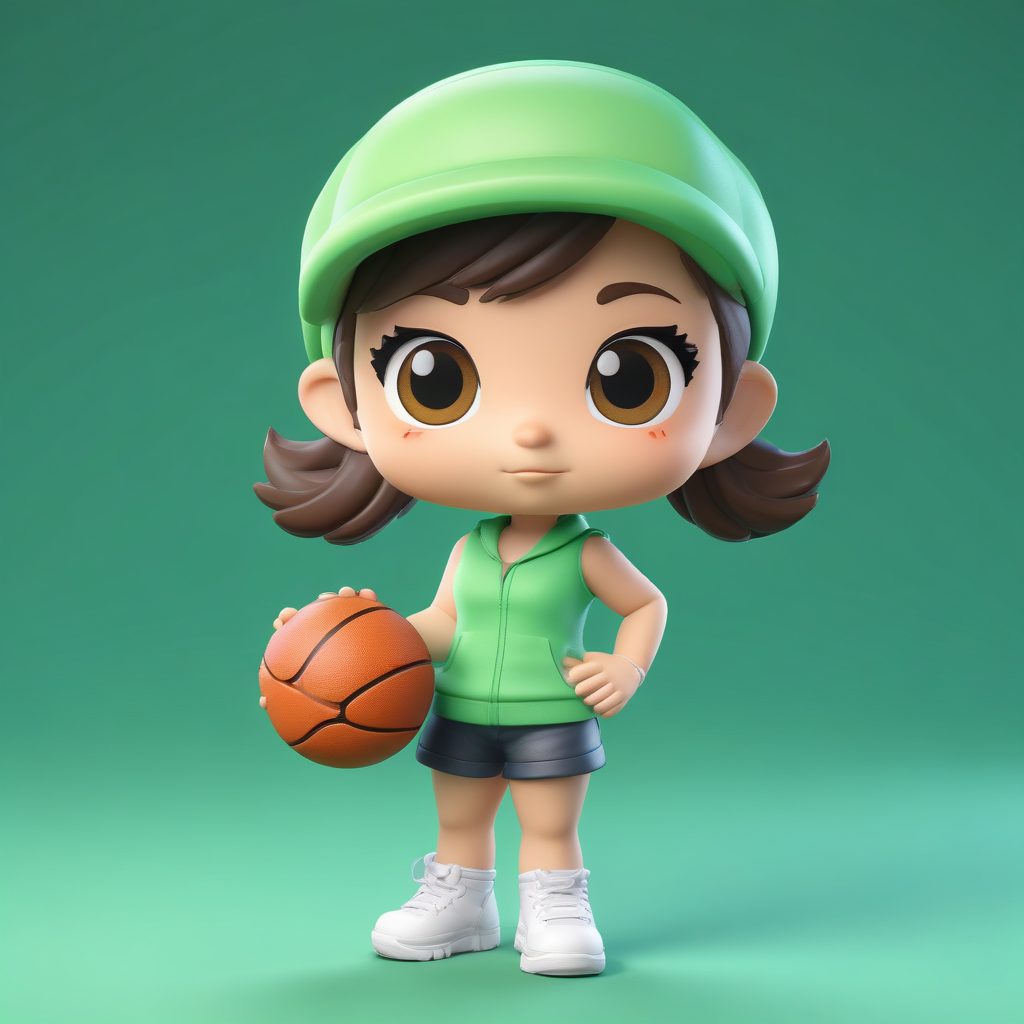 运动活力:抱着篮球的Q版运动少女全身姿势渲染