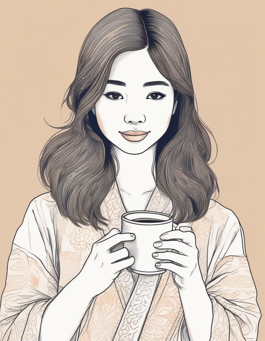 早晨咖啡时光:手拿咖啡杯的日系线稿少女温暖手绘肖像