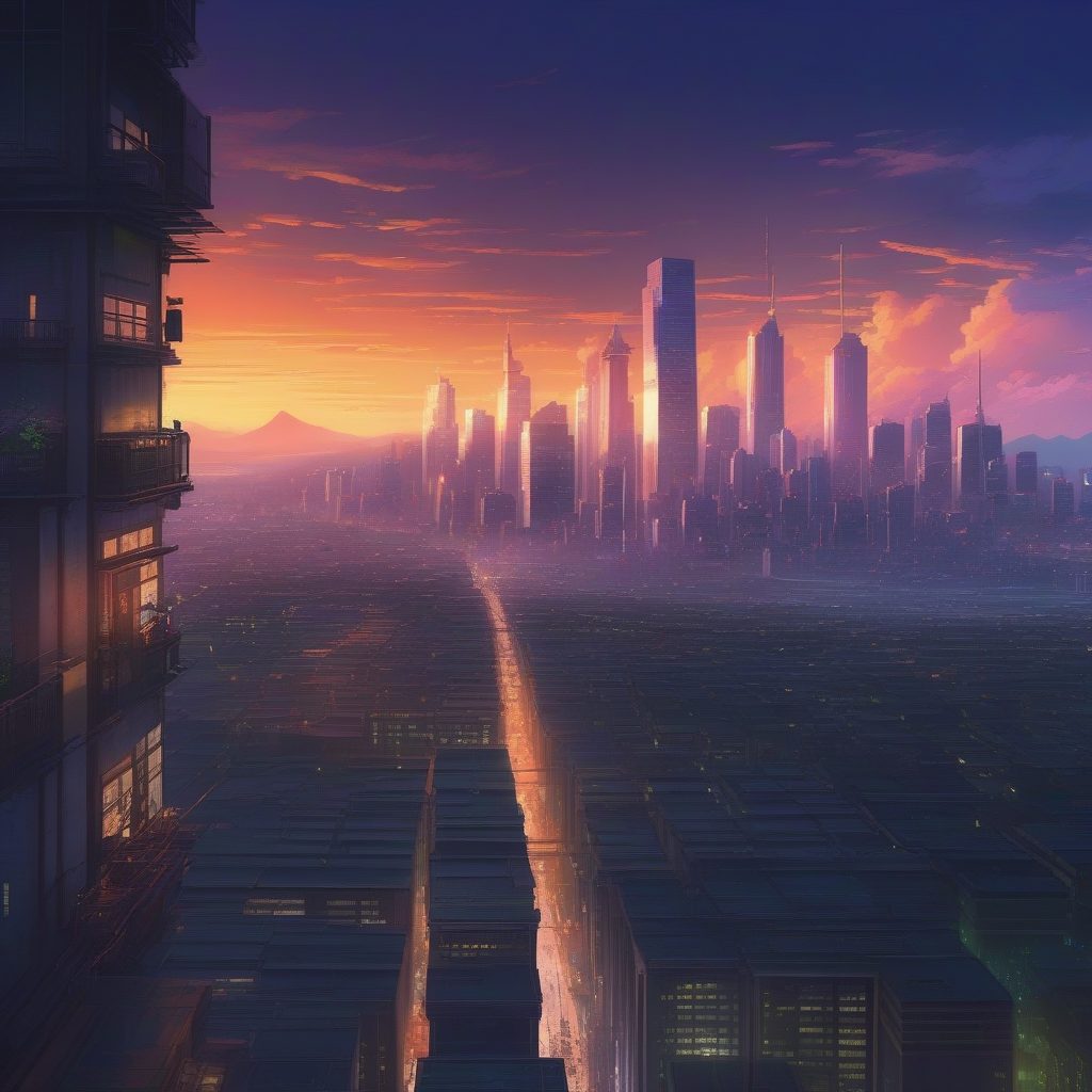 掌握新海诚风格AI绘画:生成未来都市屋顶的极致光影日落