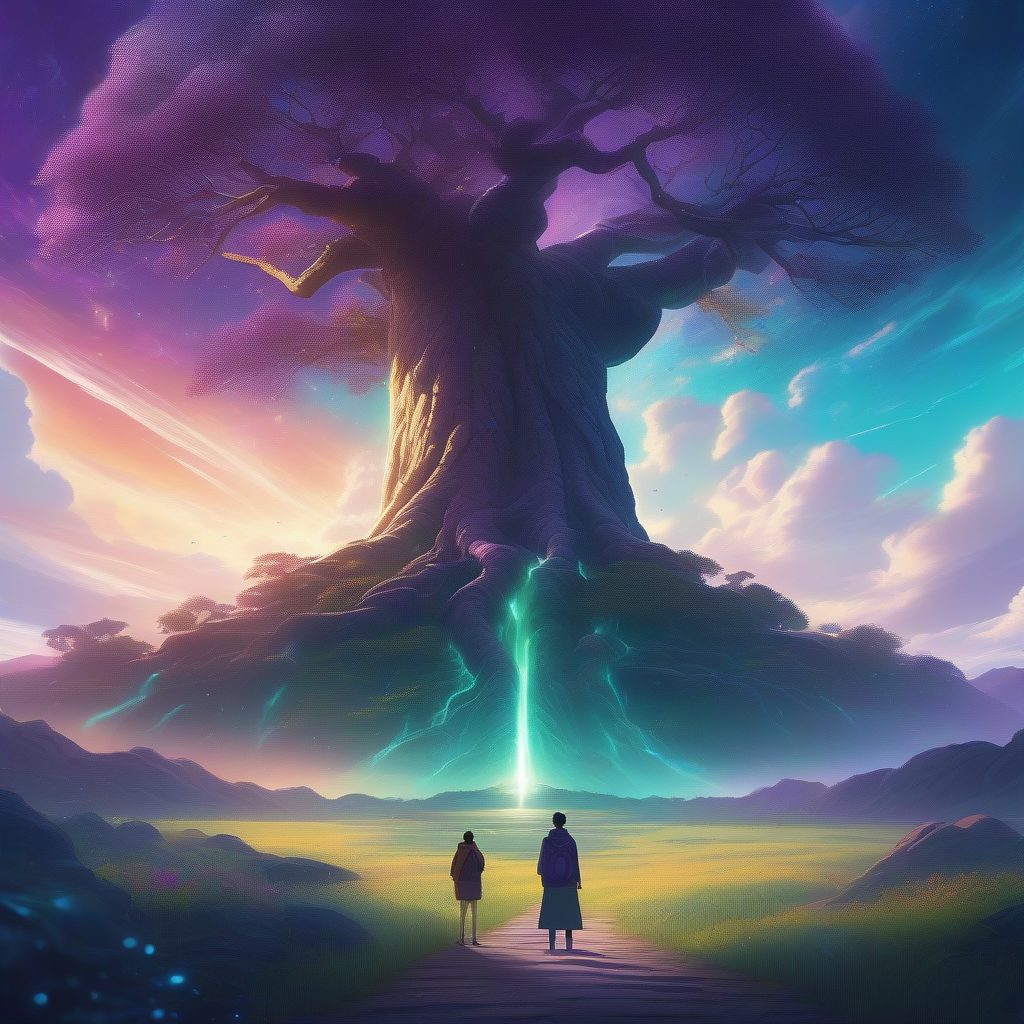 震撼视觉冲击：AI绘画生成史诗级奇幻极光下的世界树场景