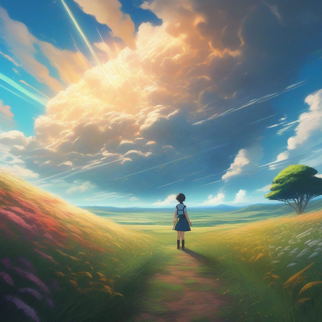 震撼视觉：新海诚式宏大场景中探索奇幻世界的唯美少女绘图指令