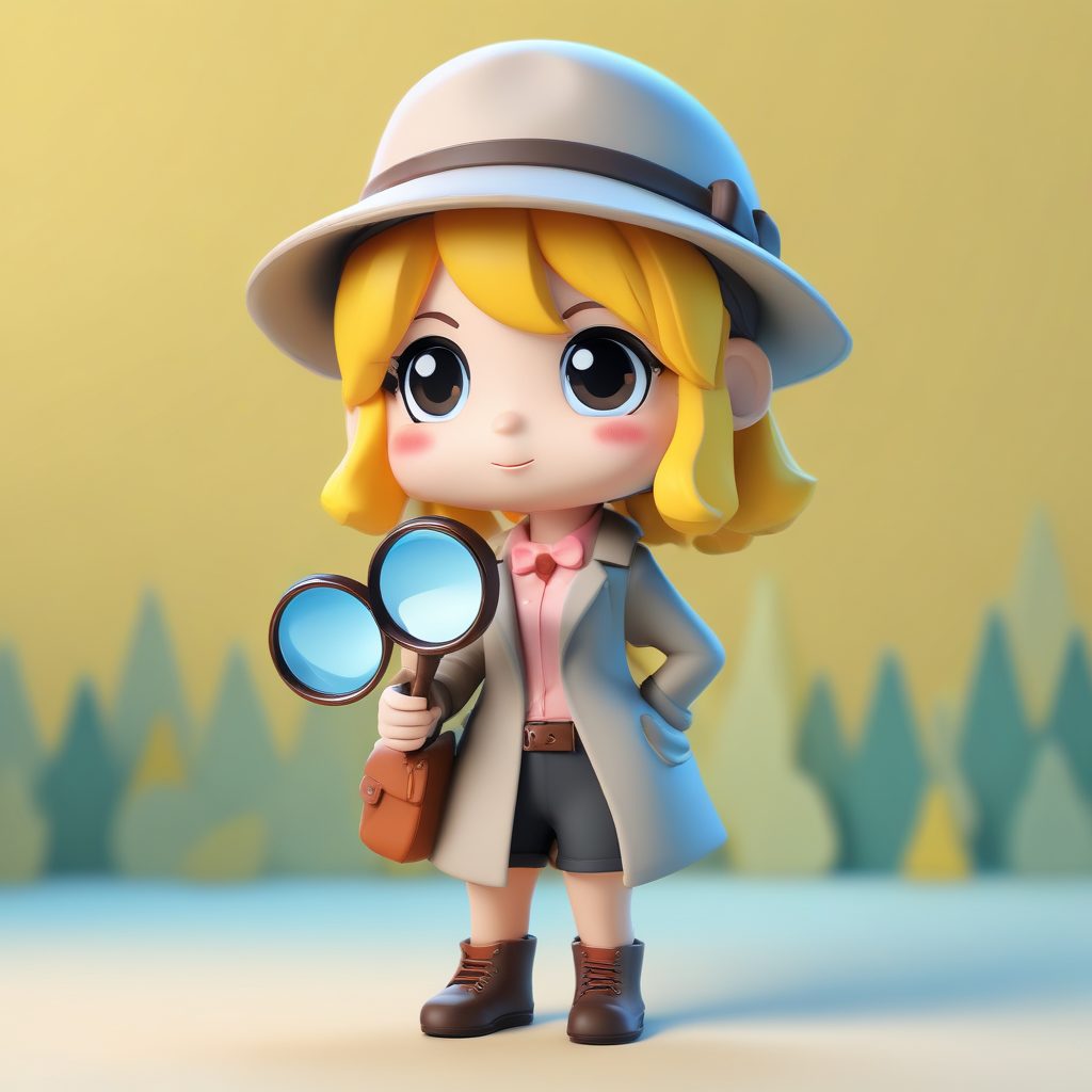 侦探Q版盲盒设计: 拿着放大镜的'发现线索'表情AI生成