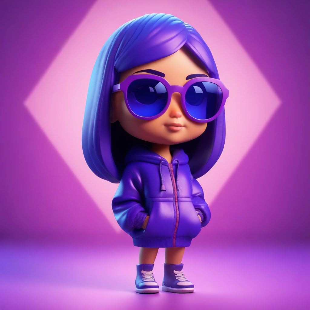 蒸汽波美学Q版：亮紫色毛衣与几何墨镜的视觉冲击3D模型