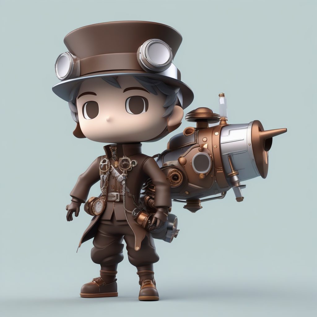 蒸汽朋克Manga Chibi：C4D机械齿轮主题，高光泽盲盒设计提示词
