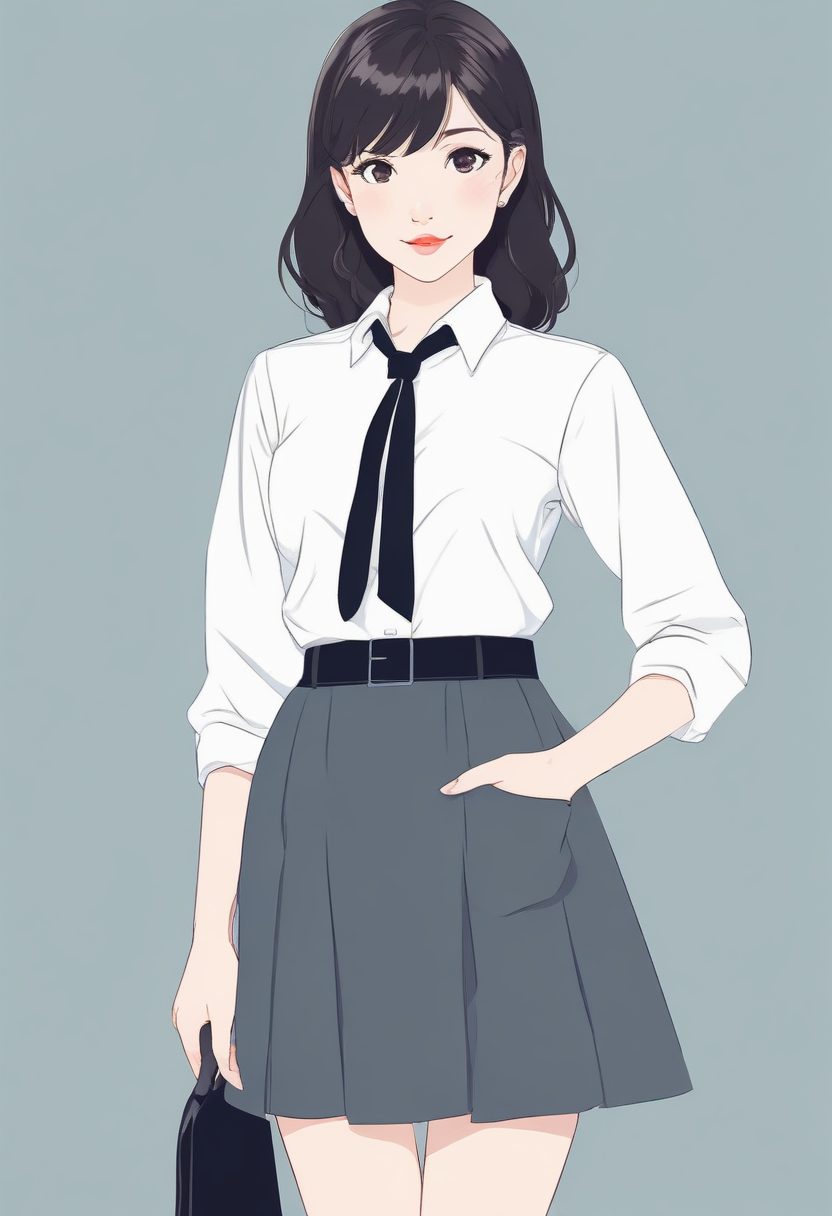 职场休闲必备！极简线稿插画：高腰裙+领带衬衫女孩全身像，超高出图率！