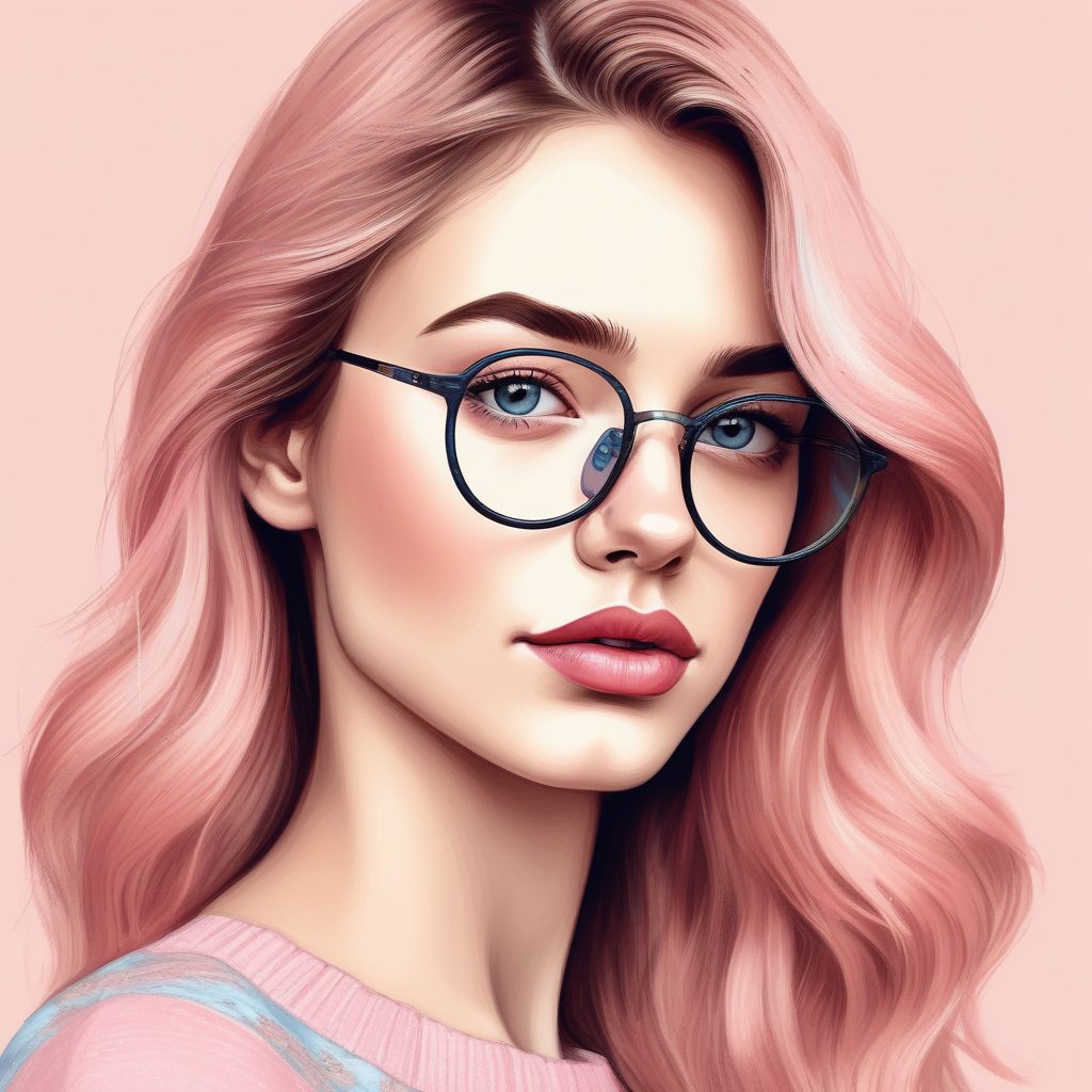 知性潮流:AI绘制戴时尚框架眼镜的粉蓝系少女特写