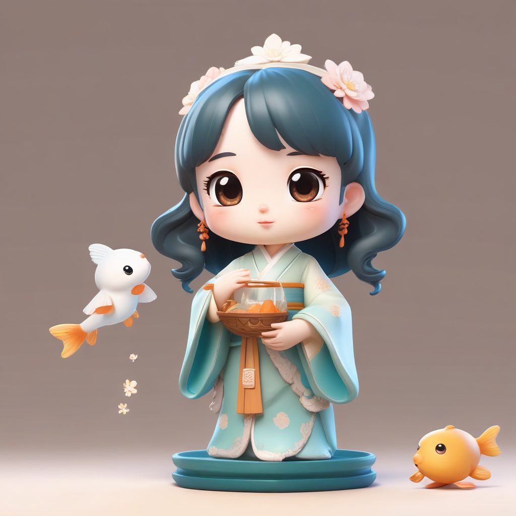 治愈满分！Q版汉服女孩抱小金鱼，超柔和光影的C4D黏土手办图